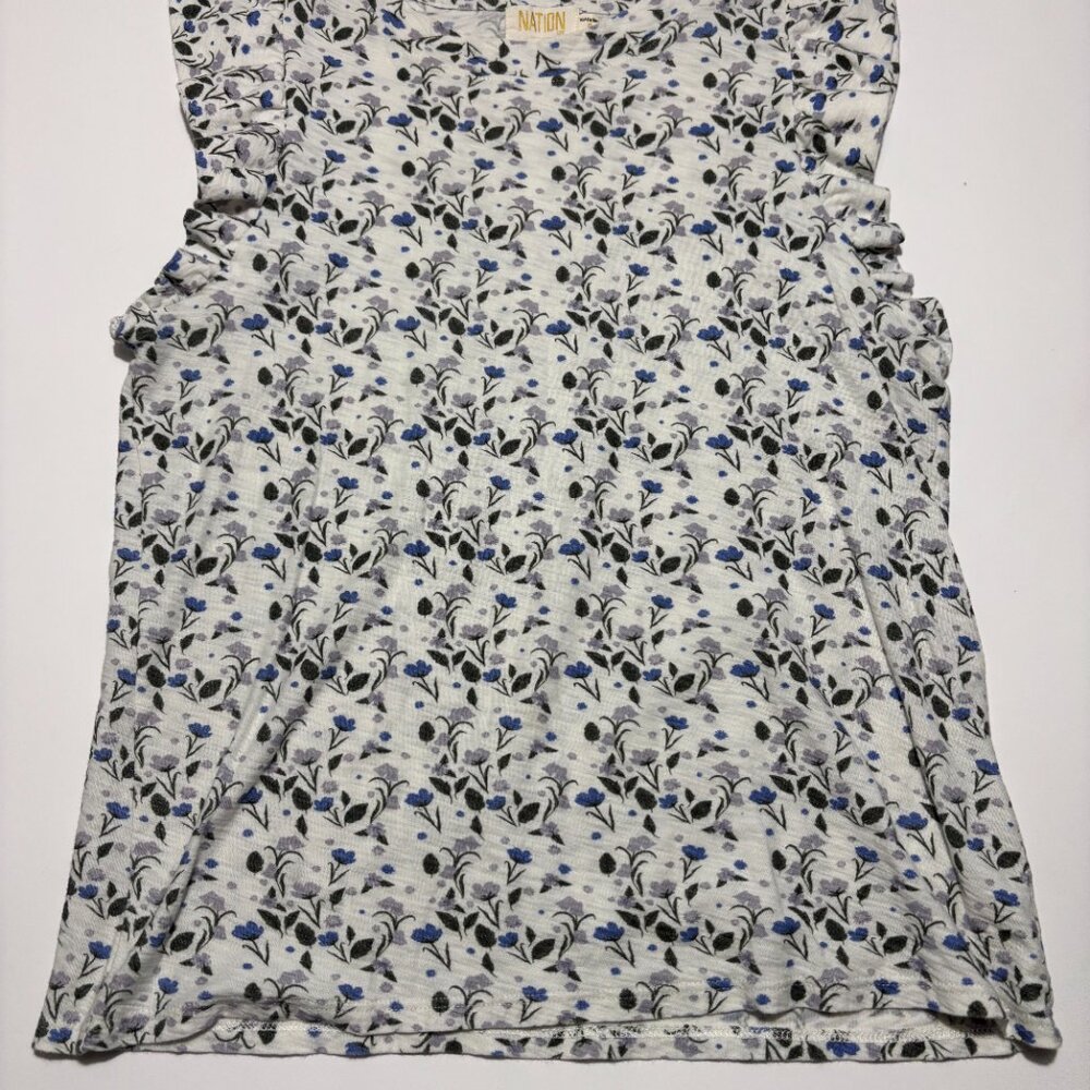 Nation LTD White Floral Ruffle Sleeve Tank with Blue and Black Print - Picture 2 of 5